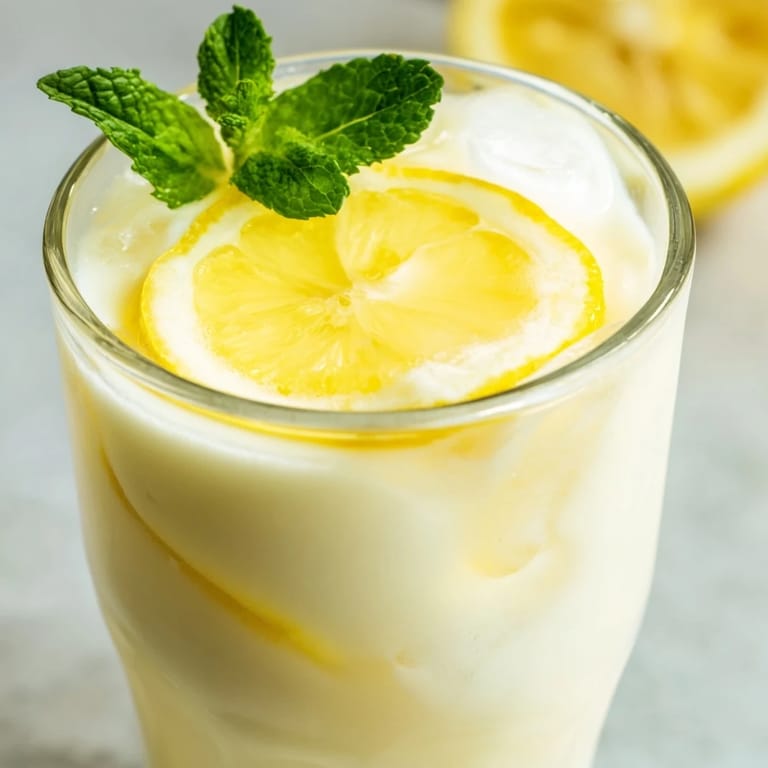 Serving Creamy Lemonade Drink over ice, topped with a sprig of mint for a cool summer treat.