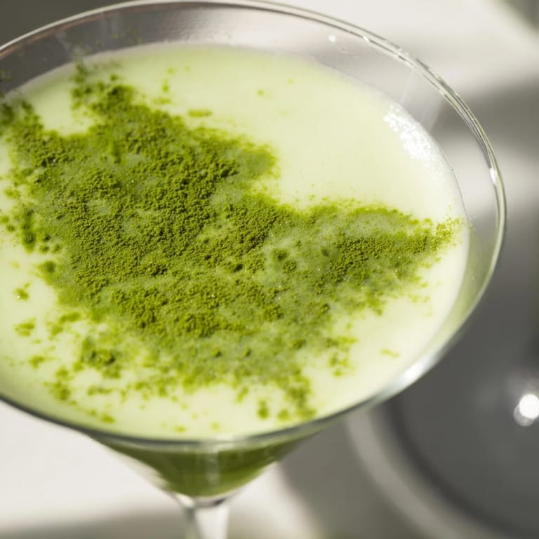 Vibrant green Matcha Martini cocktail with vodka and cream is served beside fresh matcha powder and a bamboo whisk.