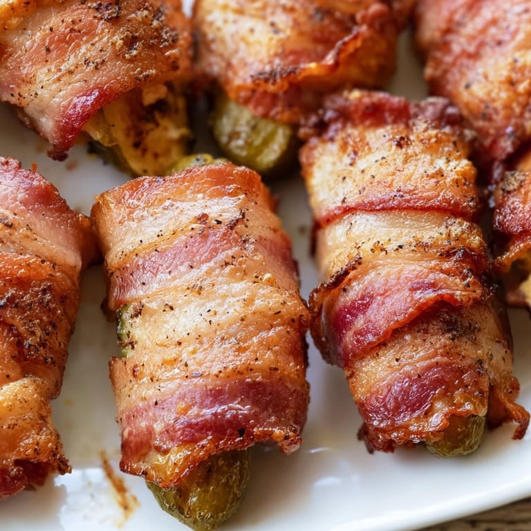 Warm bacon-wrapped pickles served alongside a creamy ranch dipping sauce on a rustic wooden board.