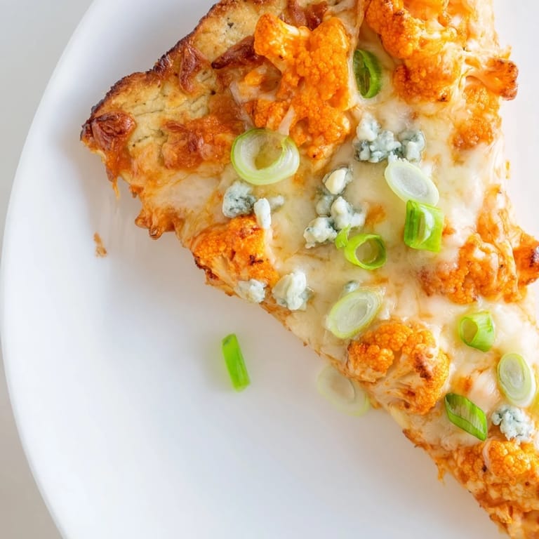 A vibrant slice of Buffalo Cauliflower Pizza with a crispy edge, served beside a small bowl of blue cheese crumbles.