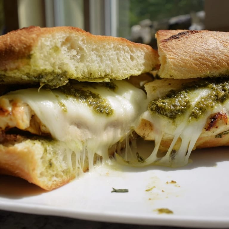 A close-up of a Pesto Chicken Melt, showcasing gooey melted cheese and creamy basil pesto inside.
