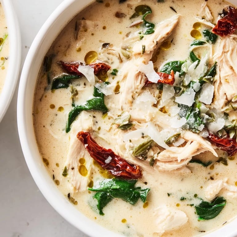 Hearty Creamy Tuscan Chicken Soup served steaming in a rustic bowl, garnished with fresh Parmesan and a swirl of extra virgin olive oil.