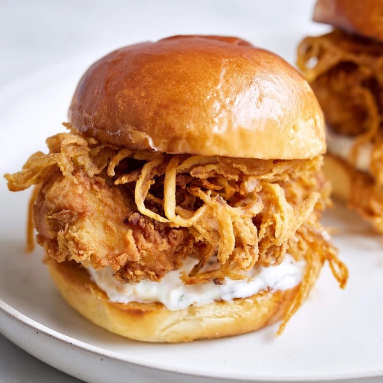 Juicy buttermilk-marinated chicken topped with crispy fried onions and aioli on a buttery toasted brioche bun.
