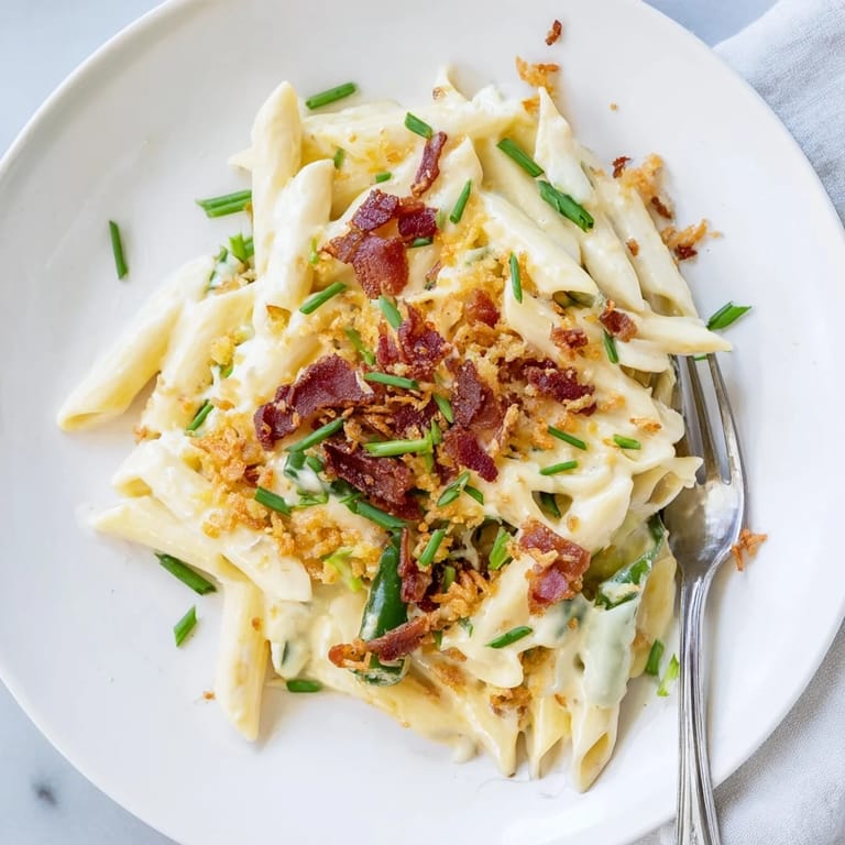 Served warm in a rustic white bowl, this decadent jalapeño popper pasta offers a vibrant contrast of green peppers and golden bacon, perfect for an easy weeknight dinner.