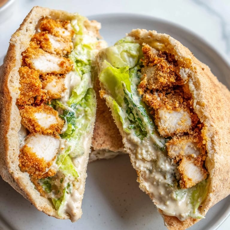 Savor golden, crispy herbed chicken Caesar pitas filled with fresh romaine and creamy dressing.