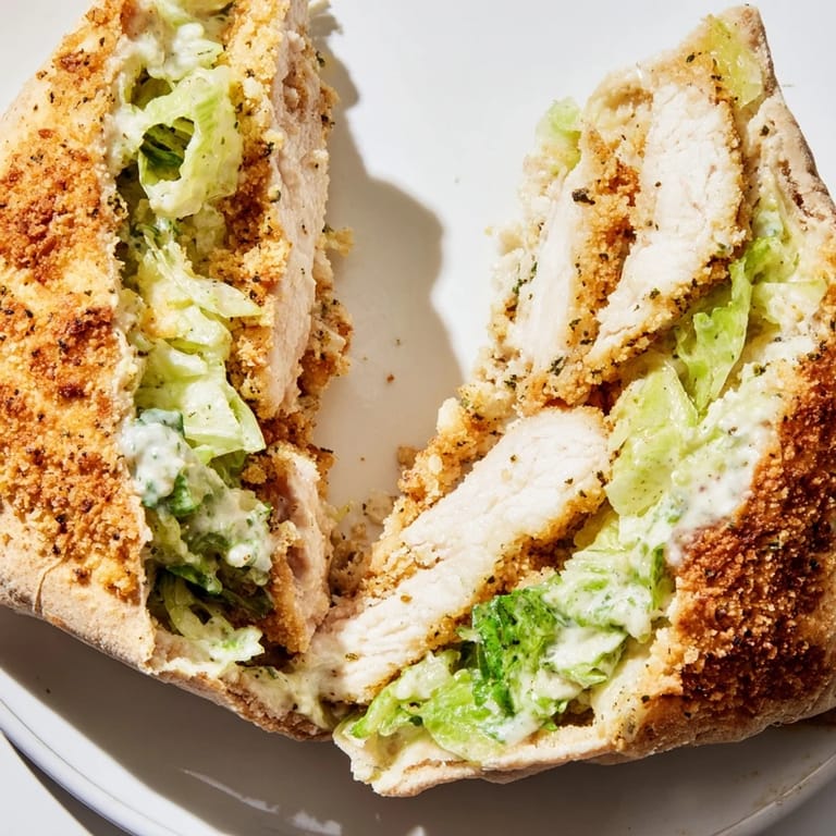 Serve crispy herbed chicken Caesar pitas warm, packed with salad and juicy chicken strips for a handheld meal.