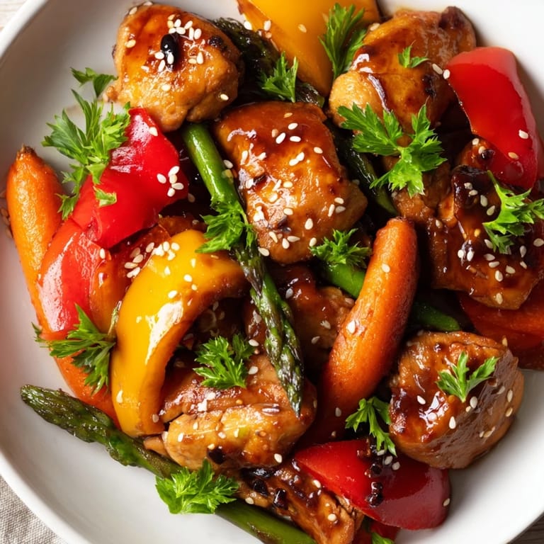 A close-up of tender, caramelized chicken and crisp asparagus and bell peppers roasted on a single sheet pan, garnished with fresh parsley and toasted sesame seeds. Sheet Pan Honey Garlic Chicken & Veg