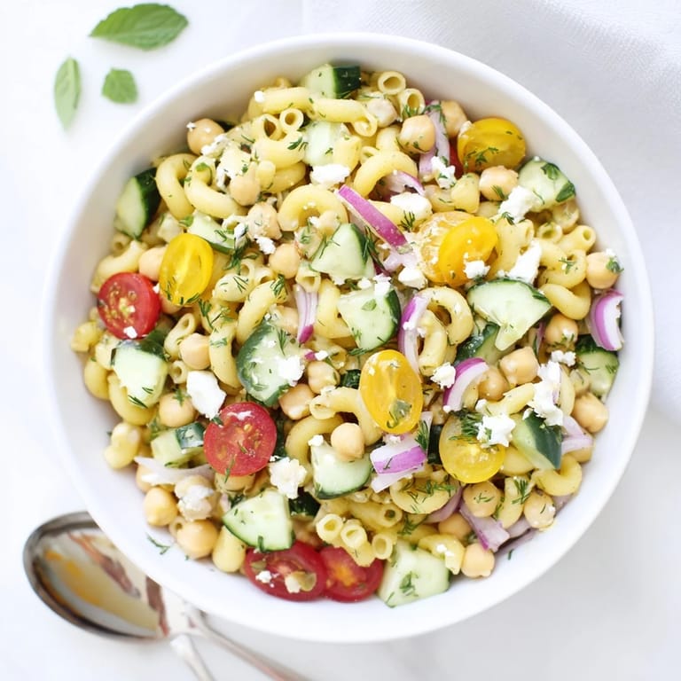 Enjoy a close-up of Lemon Herb Chickpea Pasta Salad with crumbled feta, kalamata olives, and fresh dill on a rustic wooden table.