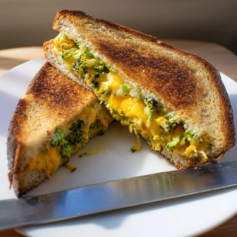 Serve this comforting Roasted Broccoli & Cheddar Grilled Cheese warm, sliced diagonally to reveal layers of melted cheddar and roasted broccoli inside.