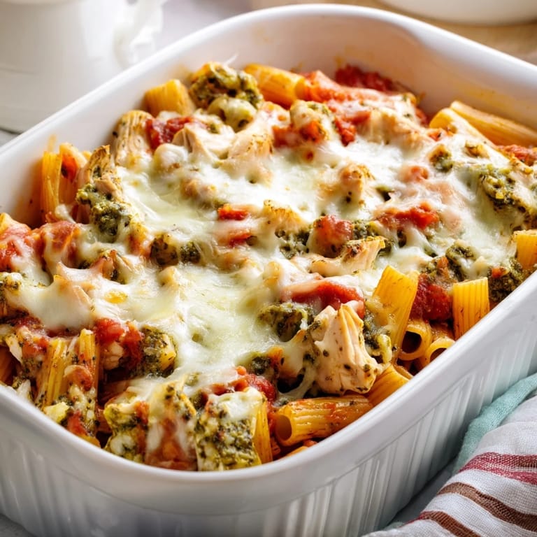 Family-style serving of Pesto Chicken Pasta Bake, featuring al dente pasta, savory chicken, and gooey mozzarella on a cozy dinner table.