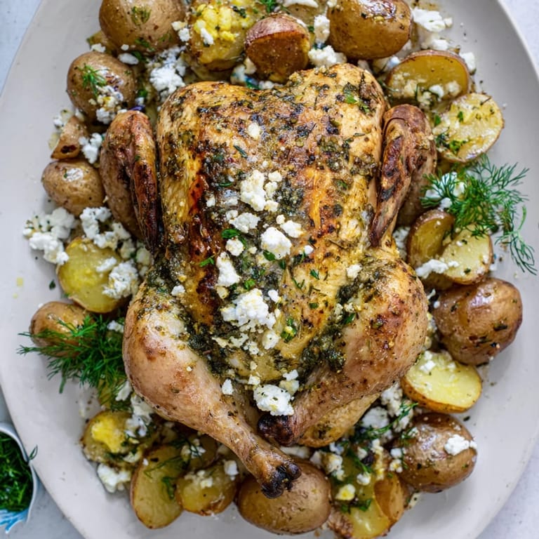 A whole roasted chicken with lemon herbs shares the pan with crispy pot potatoes and creamy feta cheese, served warm.