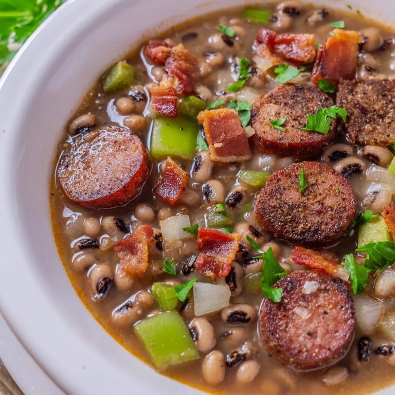 Six hearty servings of Southern-Style Black-Eyed Peas are garnished with fresh parsley and served alongside warm cornbread and a dash of hot sauce.