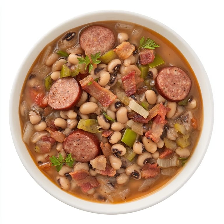 Steaming Southern-Style Black-Eyed Peas in a rustic pot, showcasing tender legumes and diced bacon mingling with spices for a comforting, family-style meal.