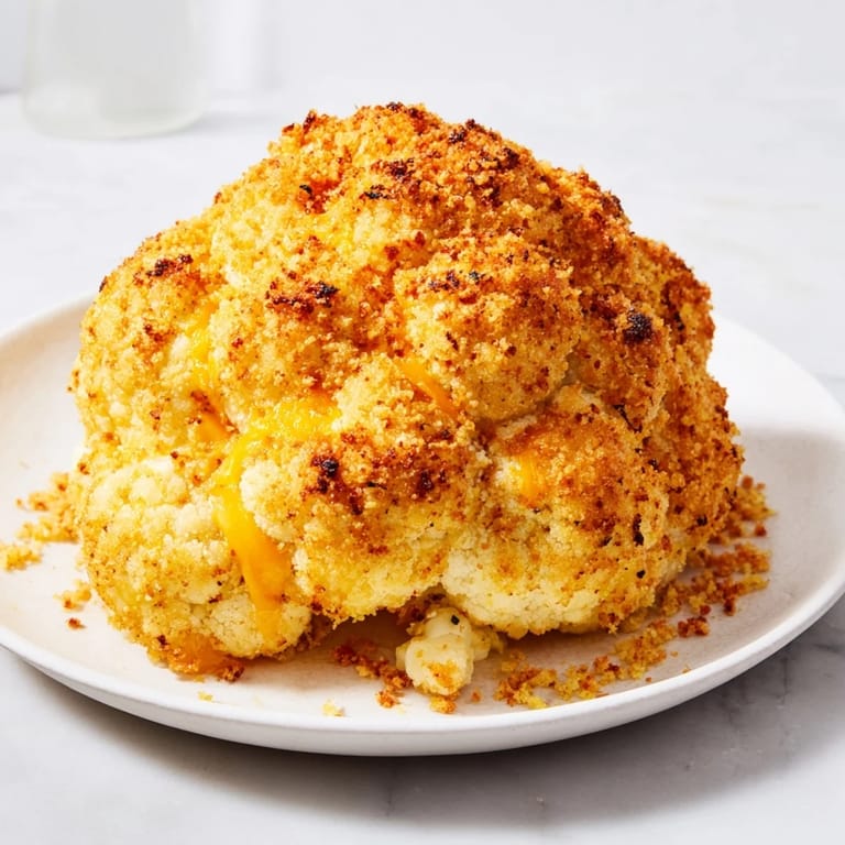 Sliced wedges of Cheesy Stuffed Cauliflower Head plated beside a crisp salad for a complete vegetarian dinner.