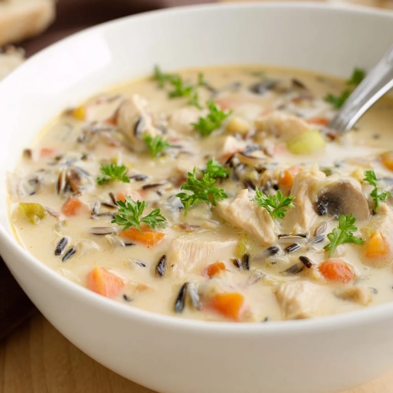 Spooning up the hearty Parmesan Mushroom Chicken and Wild Rice Soup, with tender chicken pieces and earthy mushrooms visible.