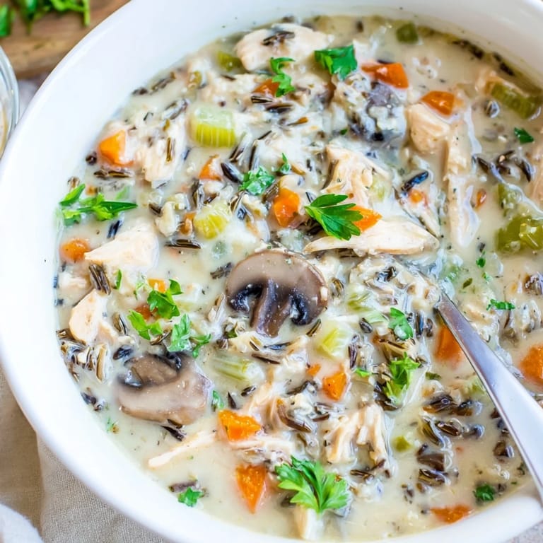 A rustic kitchen scene featuring a ladle of hot Parmesan Mushroom Chicken and Wild Rice Soup next to crusty bread.