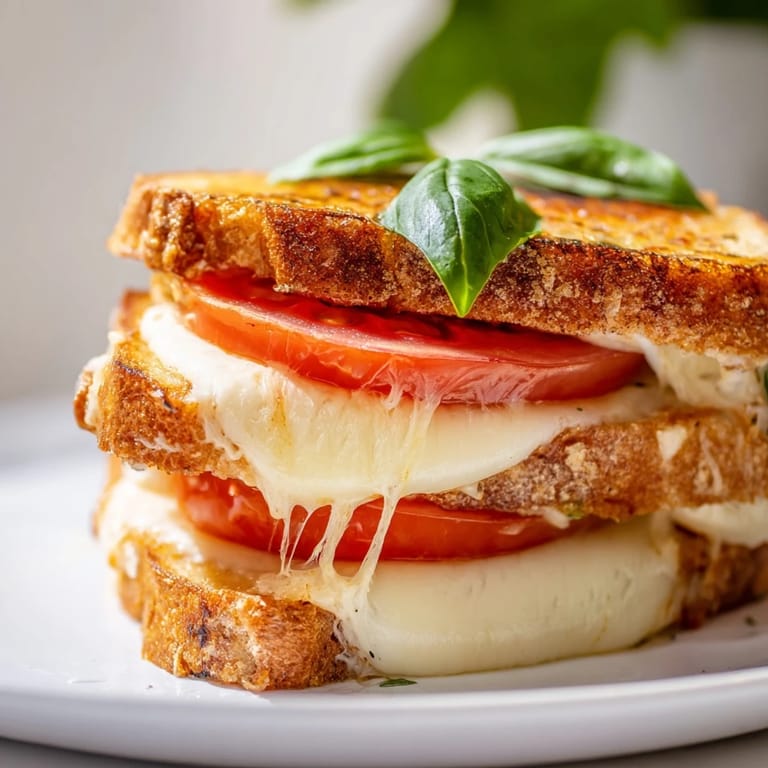 A warm, crispy grilled cheese sandwich with ripe tomato and fresh basil on a plate, ideal for a cozy lunch or easy dinner.  