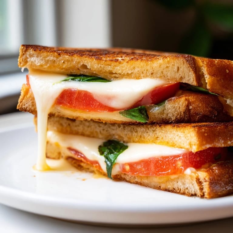 Toasted buttery bread holding melted mozzarella, layered with red tomato slices and green basil leaves, served alongside a steaming bowl of tomato soup.