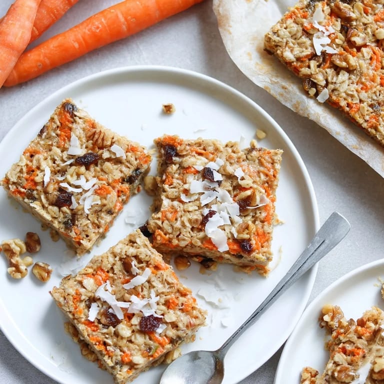 Golden brown Carrot Cake Baked Oatmeal with shredded carrots and raisins in a white baking dish, ready to serve.