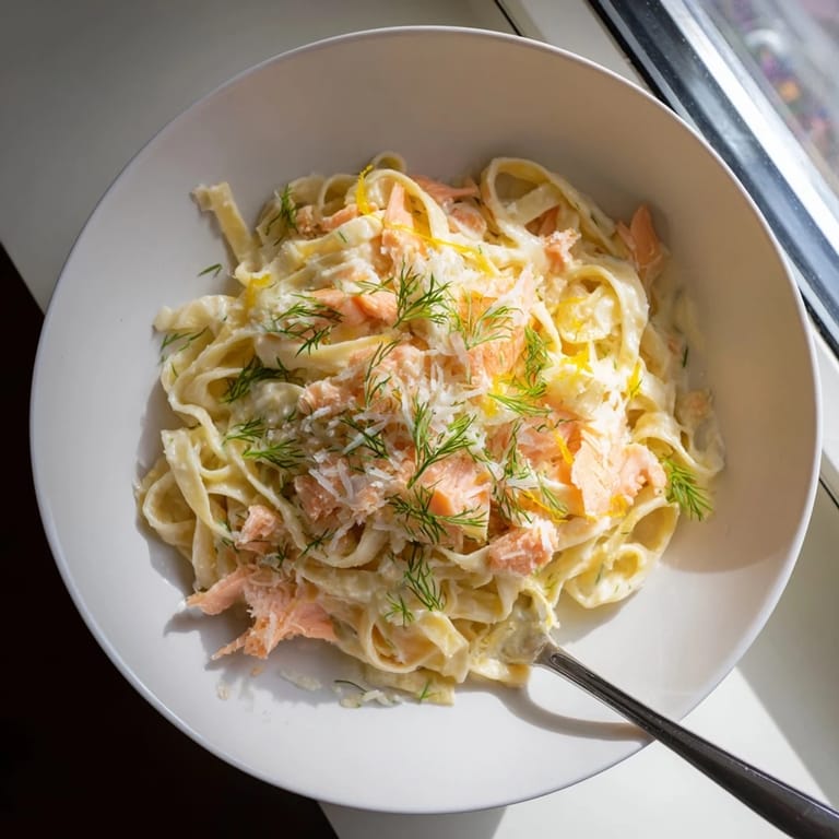 The Best Creamy Salmon Pasta, with flaked salmon and Parmesan in a rich sauce, served steaming on a white plate.  
