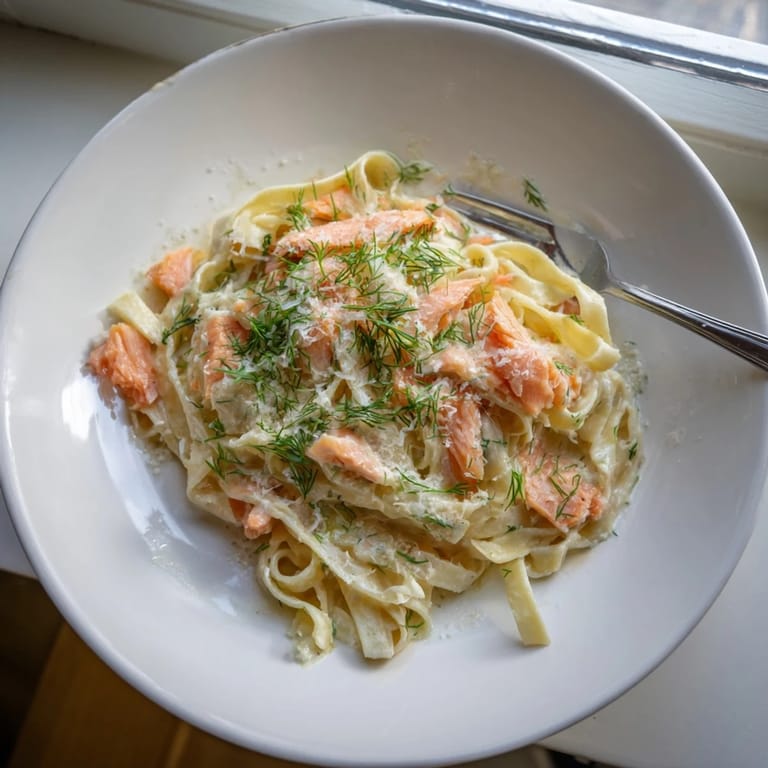 Weeknight Creamy Salmon Pasta with silky sauce and fresh herbs, garnished with lemon zest and a crack of black pepper.