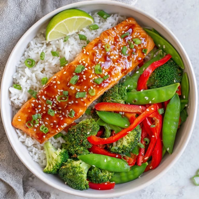 A close-up of juicy Maple Soy Glazed Salmon reveals sesame seeds and green onions atop fluffy rice and bright stir-fried vegetables.