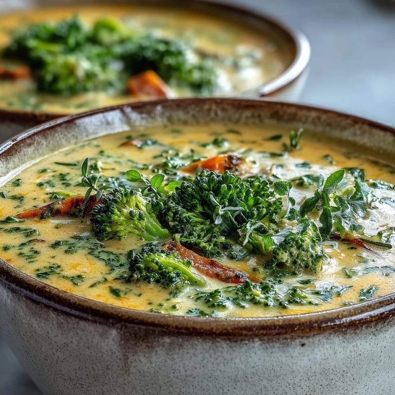 Roasted broccoli cheddar soup served steaming hot in a white bowl, with melted cheddar and a rustic bread slice.