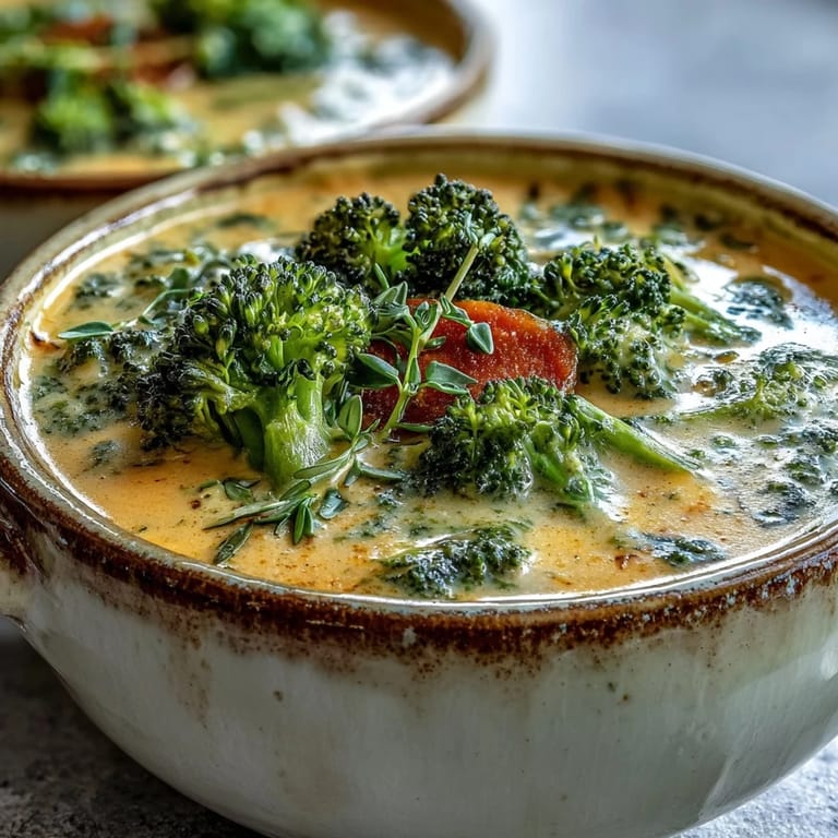 Roasted broccoli cheddar soup in a cozy kitchen, featuring vibrant green florets and creamy texture ready to be enjoyed.