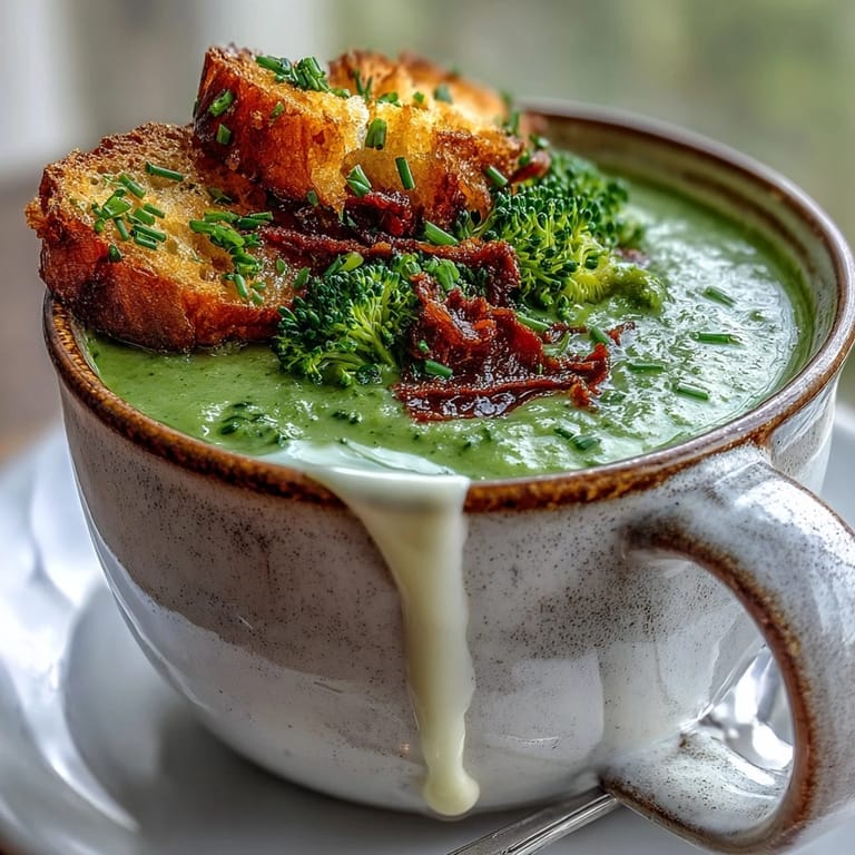 A close-up of Cream of Broccoli Soup, highlighting the smooth, creamy consistency and tender broccoli florets in a warm setting.