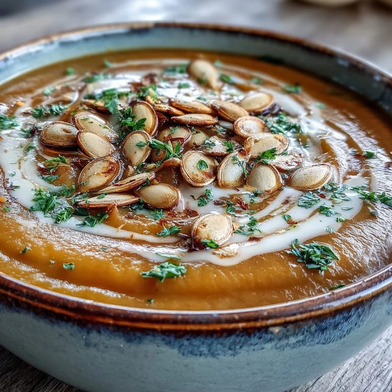 Silky Butternut Squash and Apple Soup swirled with cream, highlighting its warm cinnamon and nutmeg notes.