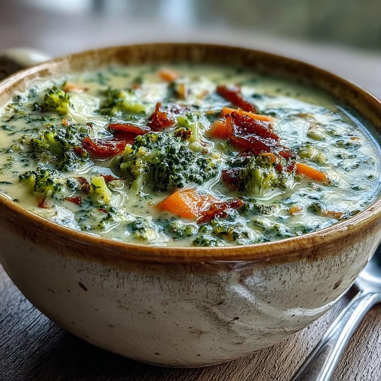 Hearty homemade Broccoli Cheddar Soup simmers in a pot, steam rising from velvety broth with colorful vegetables and melted cheese.