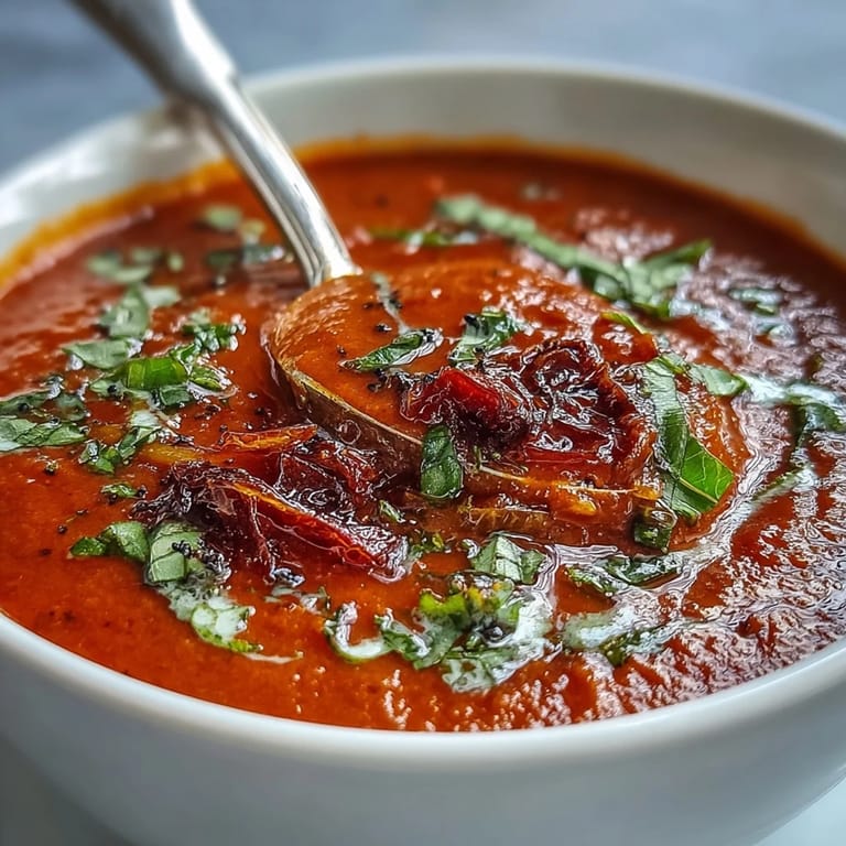 Serving suggestion for roasted tomato basil soup with crispy croutons and a drizzle of extra virgin olive oil.