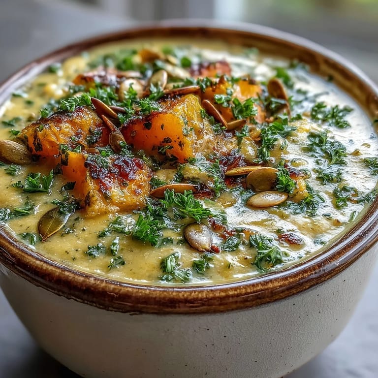 Vivid close-up of Roasted Broccoli and Butternut Squash Soup garnished with a swirl of coconut milk and fresh herbs.