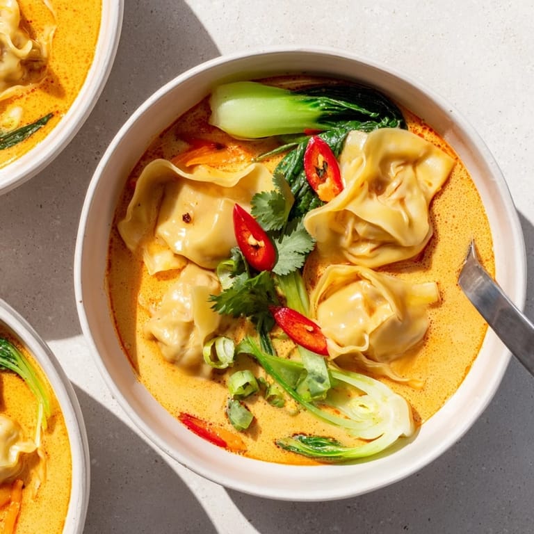 Hearty bowl of Red Curry Wonton Soup garnished with fresh cilantro, sliced scallions, and chili peppers, ready to be enjoyed with lime wedges.
