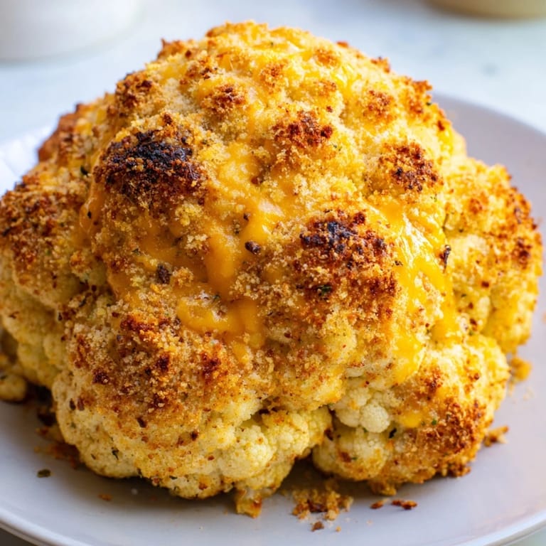 Melted cheese and toasted breadcrumbs topping the Cheesy Stuffed Cauliflower Head, served warm for a family-style meal.