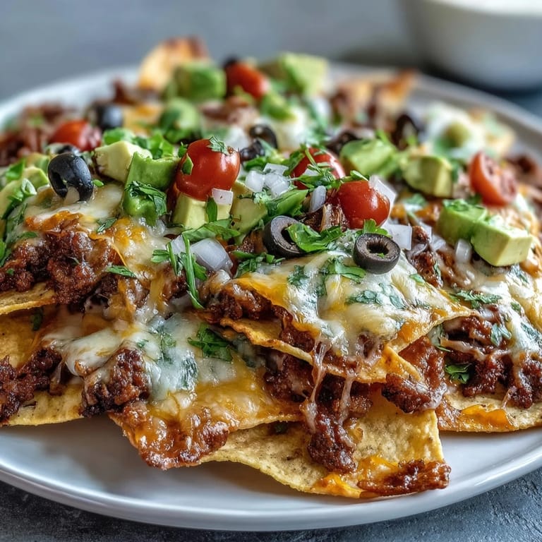 A close-up of golden, bubbling Baked Nachos garnished with diced avocado, sour cream, and vibrant pico de gallo.