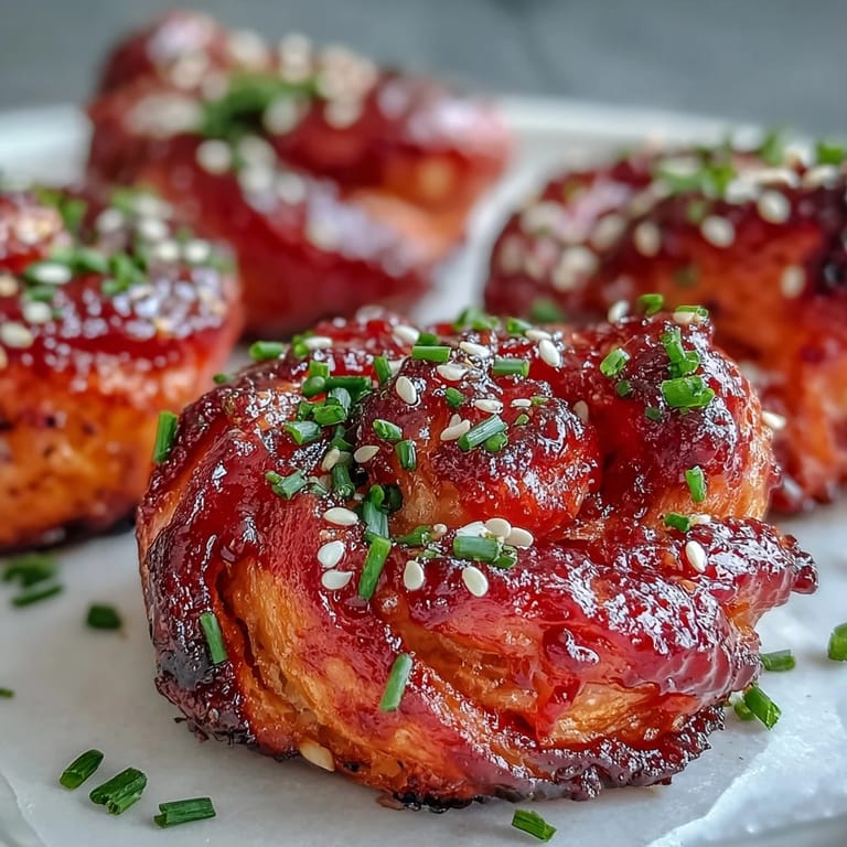 Warm Pepper Jelly Hogs in a Blanket served with extra pepper jelly dip on a rustic table.