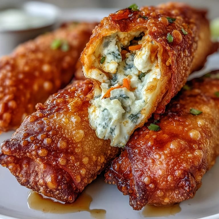 Buffalo Chicken Egg Rolls fried until golden, filled with spicy chicken, blue cheese, and vegetables, arranged on a napkin.