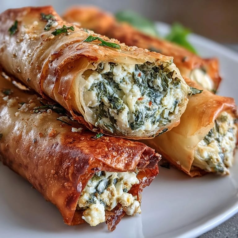 Freshly fried Spanakopita Spring Rolls arranged on a platter with creamy tzatziki for dipping and lemon wedges nearby.