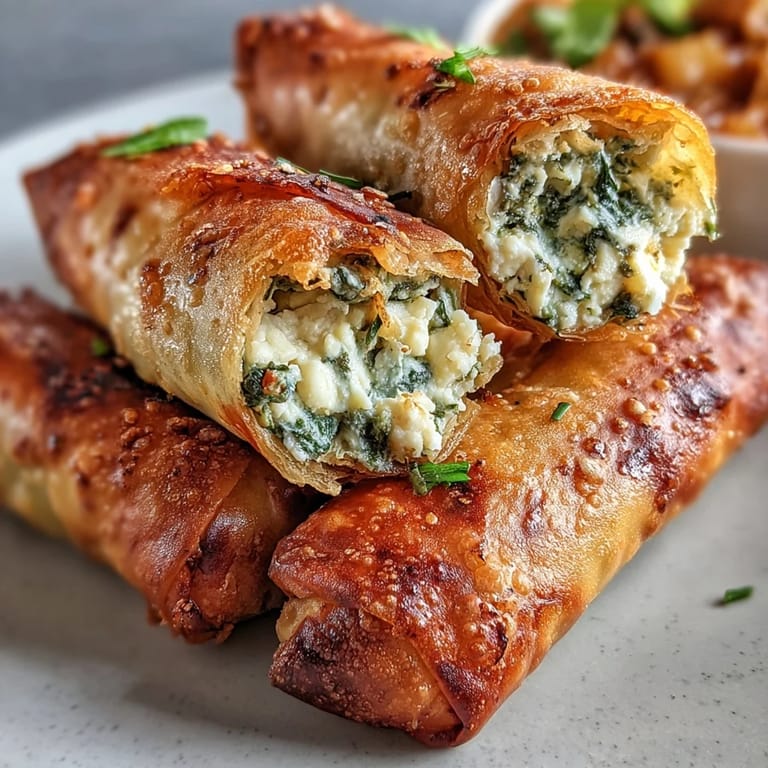 Close-up of a split Spanakopita Spring Roll showing the steamy, herb-filled interior of ricotta, spinach, and feta.