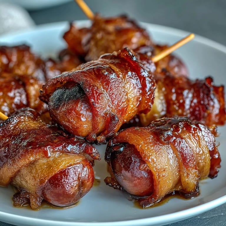 A warm platter of Bacon-Wrapped Smokies, an easy American appetizer perfect for game day parties.
