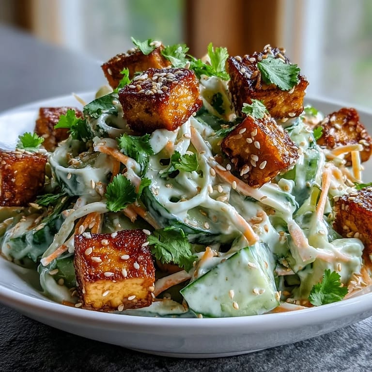 Serving platter of creamy Asian cucumber salad garnished with green onions, cilantro, and lime wedges.