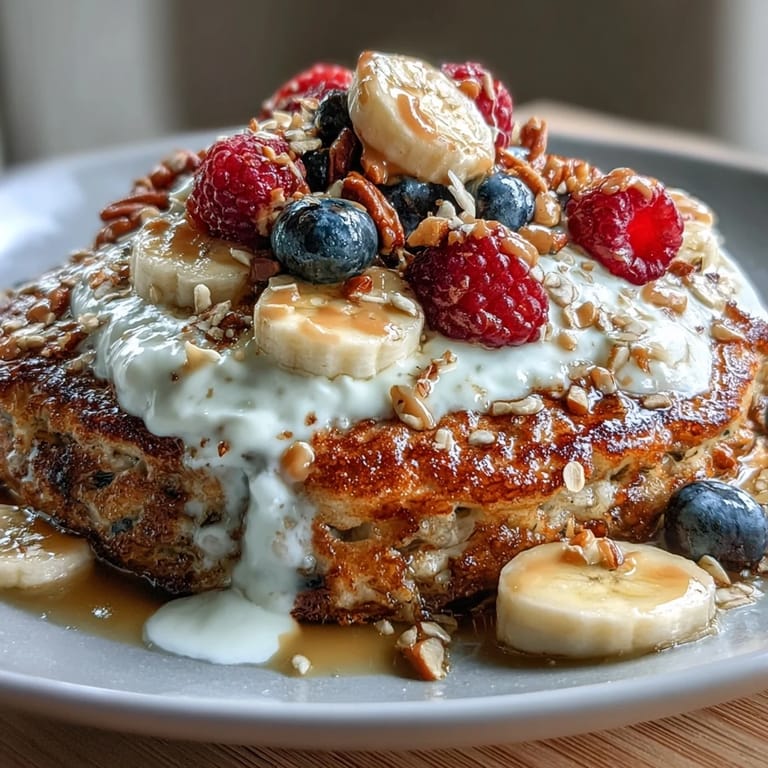 Enjoying a Protein Pancake Bowl, golden pancakes topped with sliced banana, nuts, and a generous drizzle of sweet honey.