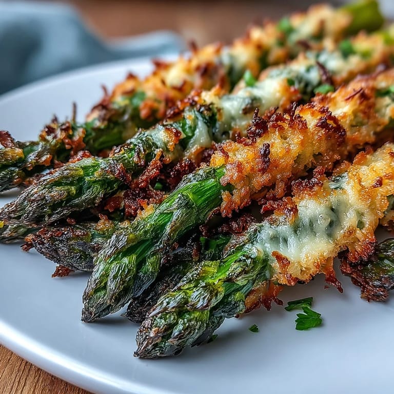Fork-ready Crispy Asparagus Asiago Spears arranged on a platter, garnished with fresh parsley and Asiago cheese.