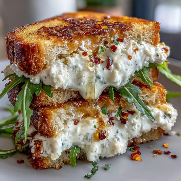 Fresh thyme garnishes slices of warm Goat Cheese Grilled Cheese with Honey & Chili Flakes served with a green salad.