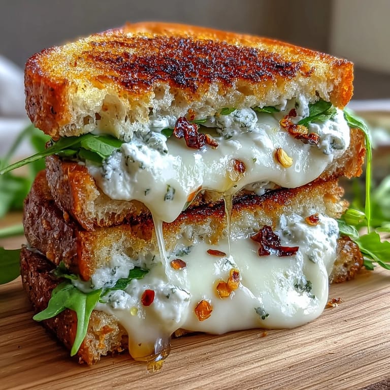 Close-up of crispy crust on Goat Cheese Grilled Cheese with Honey & Chili Flakes, showing melted cheese and red chili flakes.