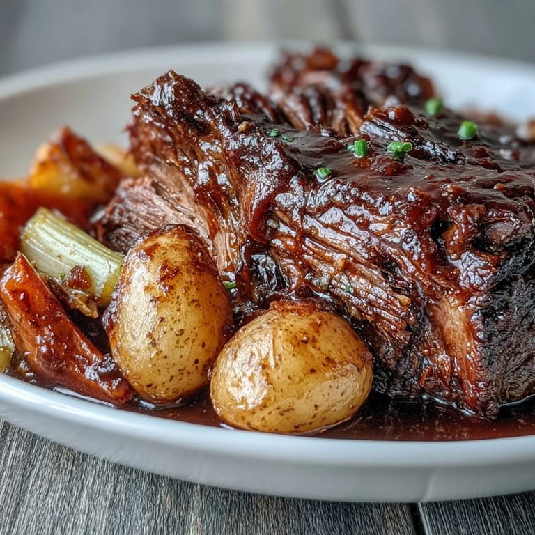 Golden seared beef pot roast in a savory herb broth with aromatics, simmered low and slow for maximum tenderness.
