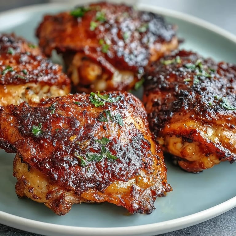 Juicy Crispy Baked Bone-In Chicken Thighs arranged on a wire rack, showcasing smoky spice rub and perfectly cooked dark meat.