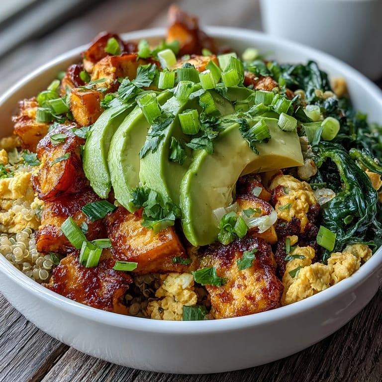 A hearty, plant-based Tofu Scramble Vegan Breakfast Bowl with sautéed spinach, turmeric tofu, and vibrant green onions.