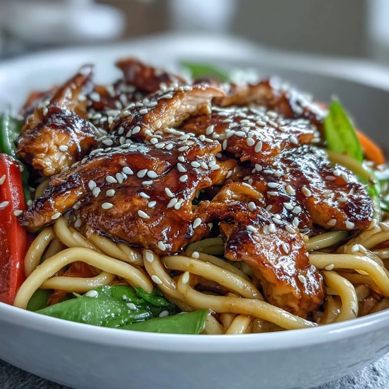 Sizzling Sesame Chicken Noodle Bowl tossed with crisp vegetables in a rich sauce.